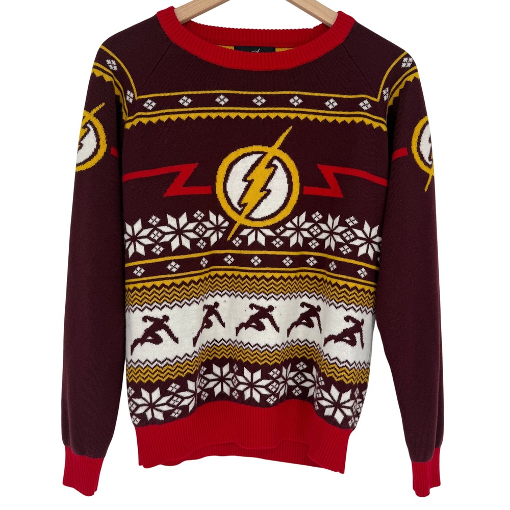 DC Comics The Flash Ugly Christmas Sweater Maroon Fair Isle FUN.com XS